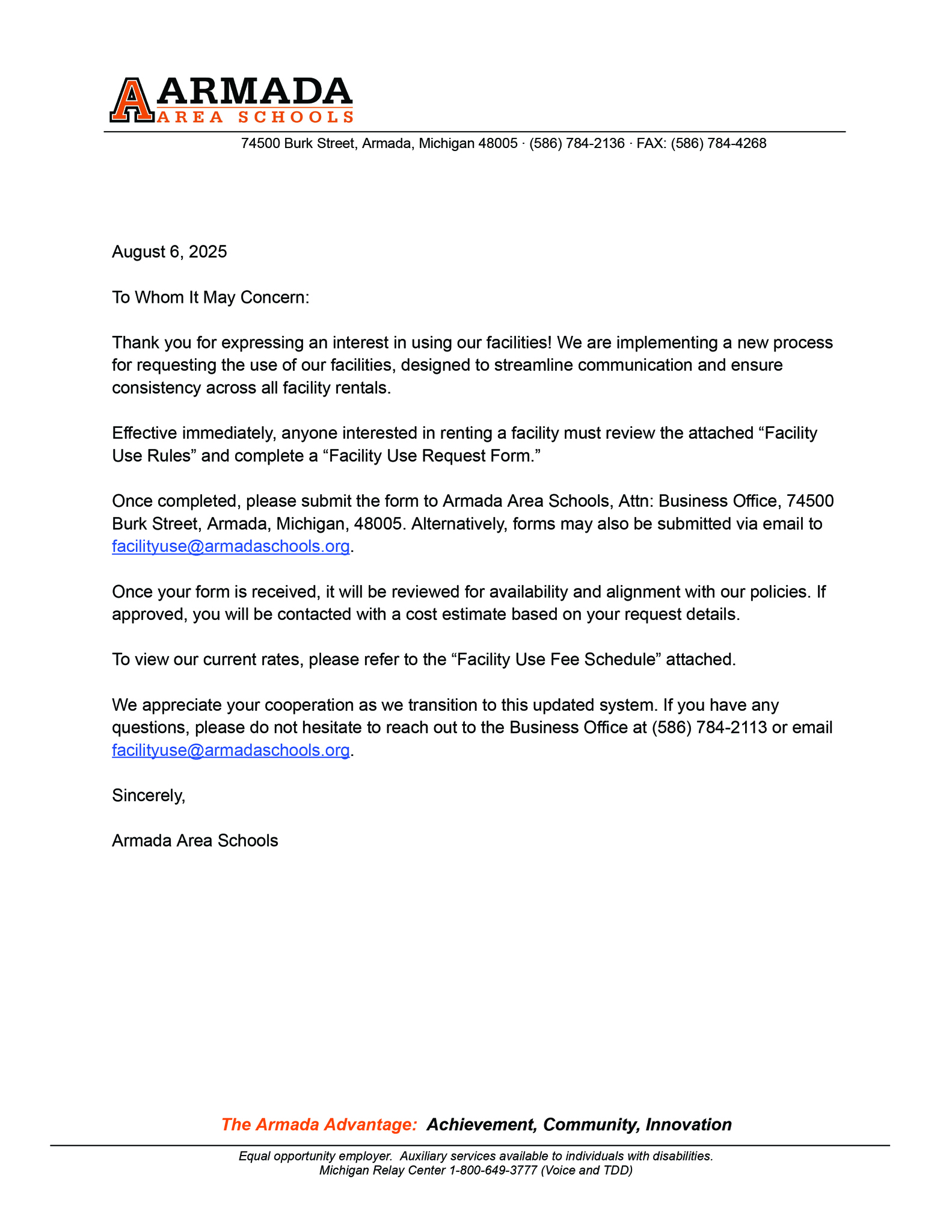Letter regarding facility use process click link below for pdf