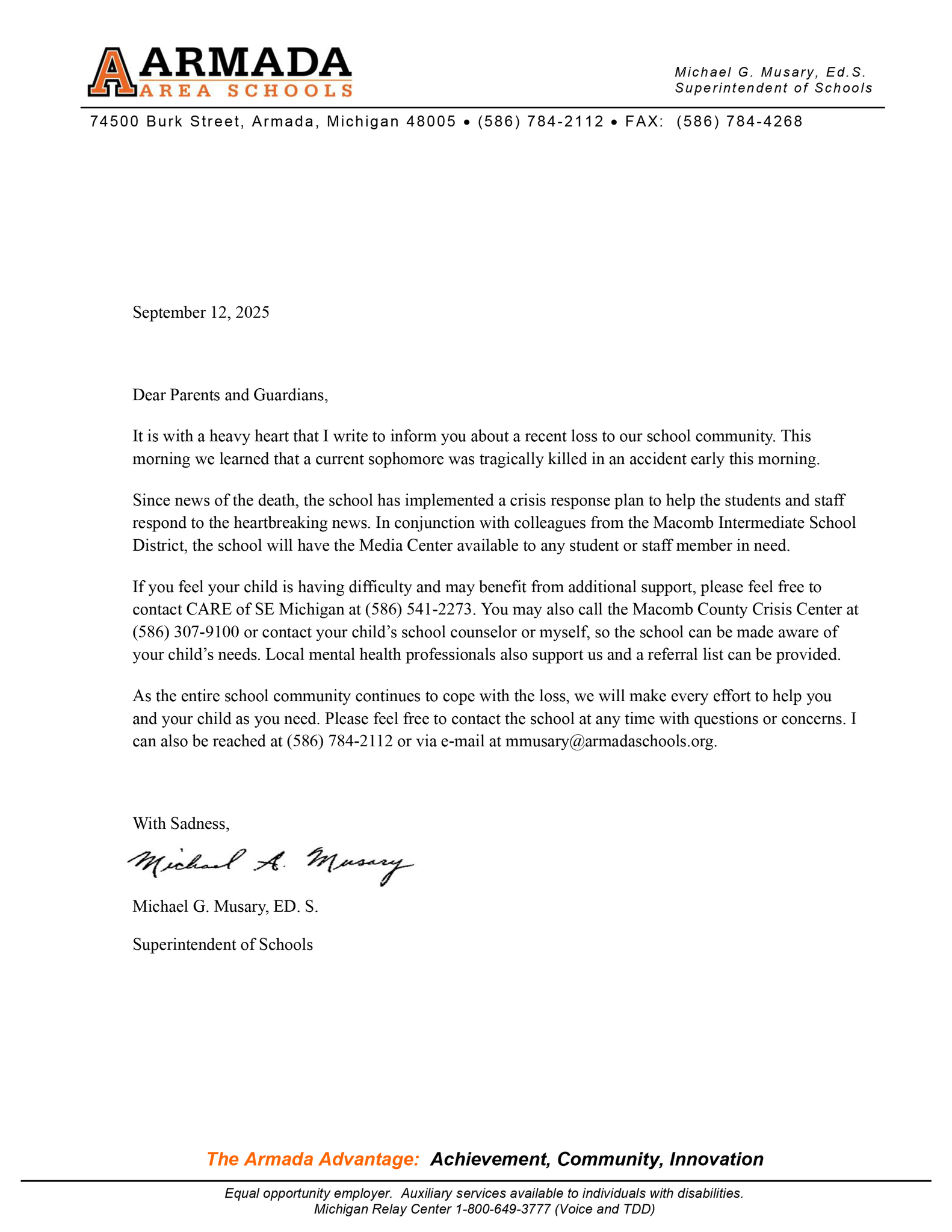 Letter to Families